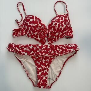NWT Nanette Lepore Cherry Bikini Set Bow Front Back Fold-Over Waist Red White L